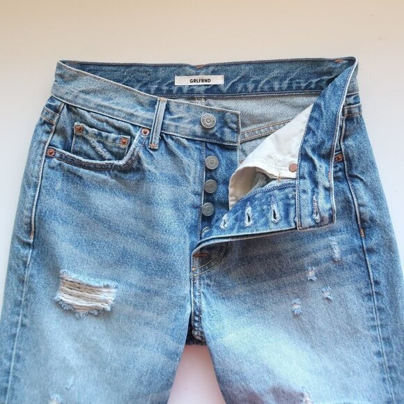 GRLFRND Karolina Mid Wash Blue Distressed Ripped Bermuda Denim / Jean Shorts 24 - Picture 4 of 7
